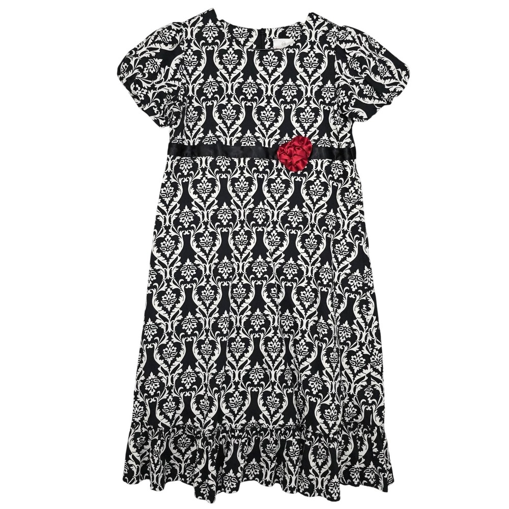 Hanna Andersson Dress Girls 150 12 Black White Damask Puff Sleeve Ruffle Party